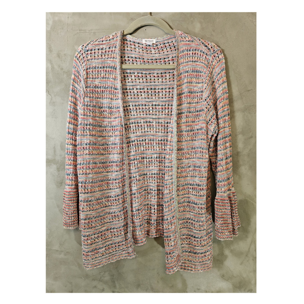 Westport Womens Open-Knit Striped Cardigan Sweater Multicolor XL Bell Sleeve